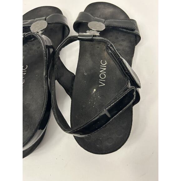 Vionic Size 11 Black Farra Silver Disc Trim T Strap Sandals Shoes Adjustable - Picture 5 of 8